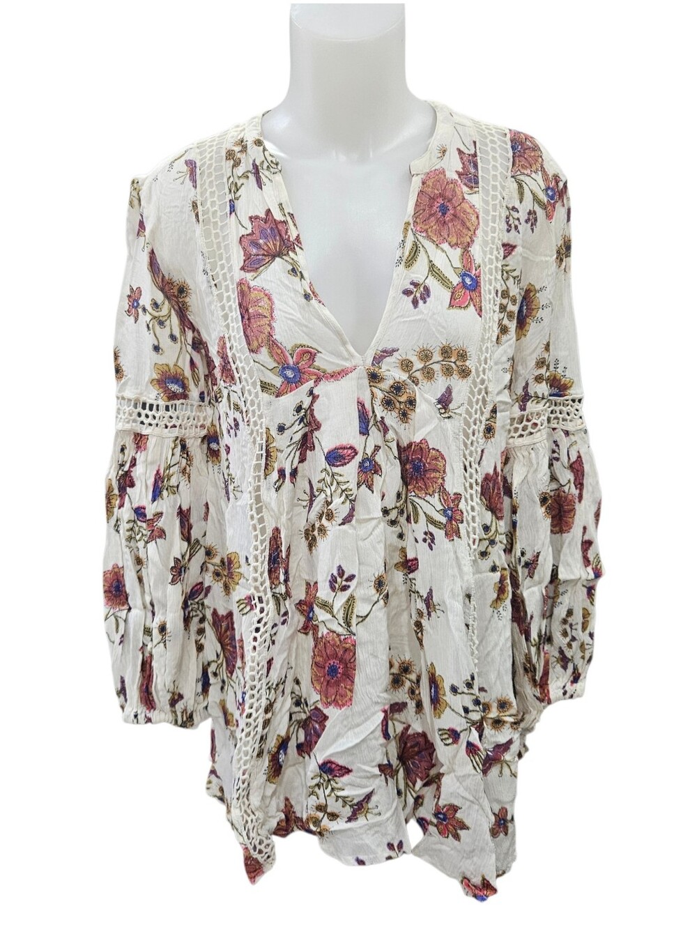 Free People Just the Two of Us Cream Floral Printed Tunic Crochet Trim Gauzy XS